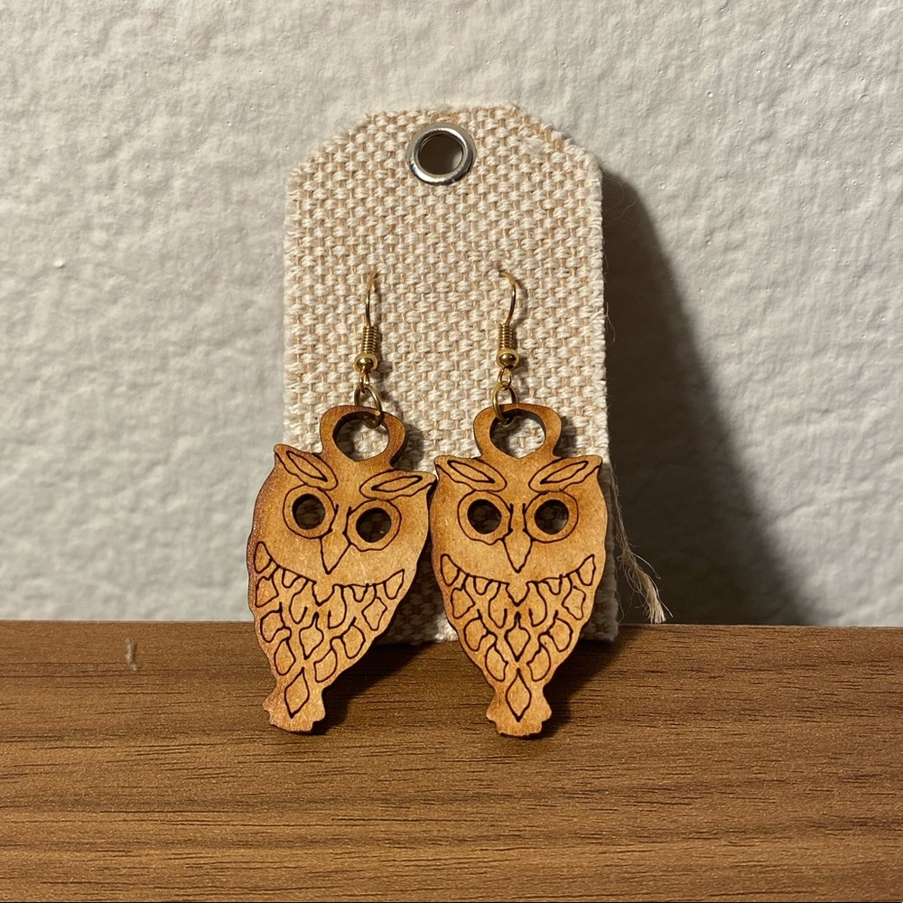 Wooden Carved Owl Earrings